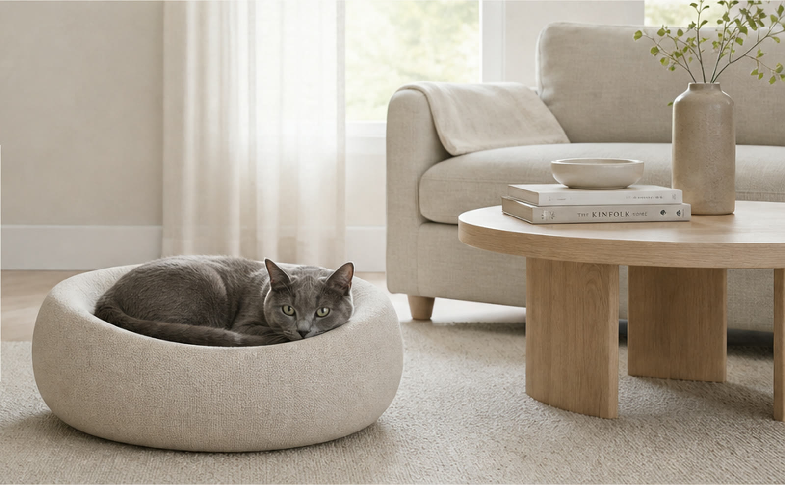 A calm modern living room arranged for a cat
