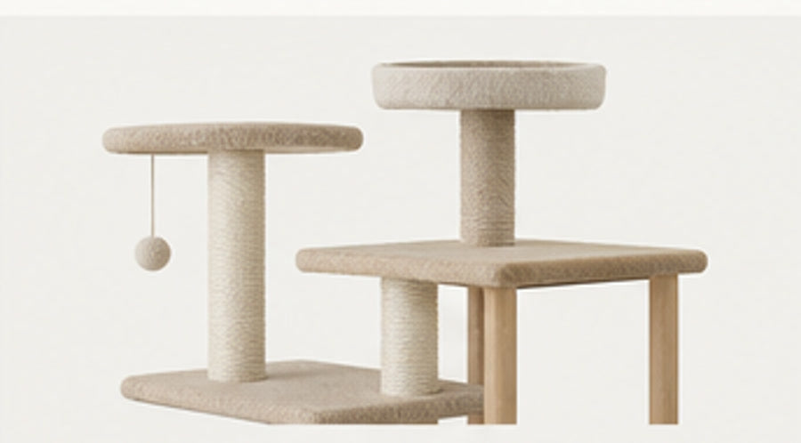 A modern wooden cat tree in a bright living room