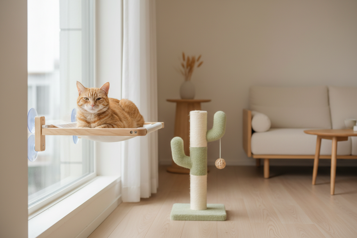 A window perch and scratch zone for small rooms