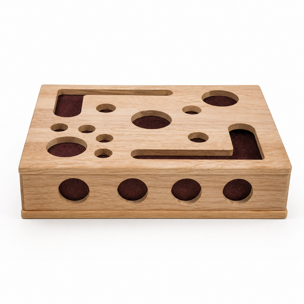 Solid Oak Cat Nail-File Enrichment Puzzle Box with Replaceable Scratch-Paper Inserts — clean background product view