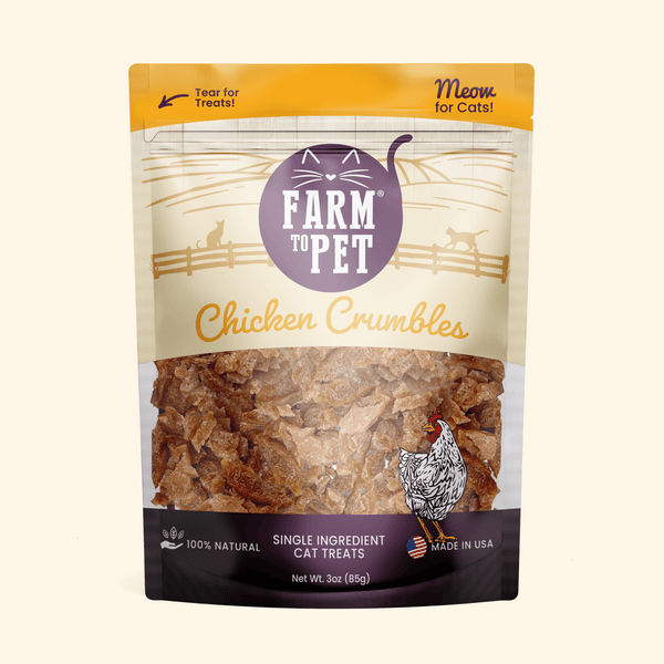 Single-Ingredient Dehydrated Chicken Crumbles Cat Treats — 3 oz Resealable Bag — clean background product view