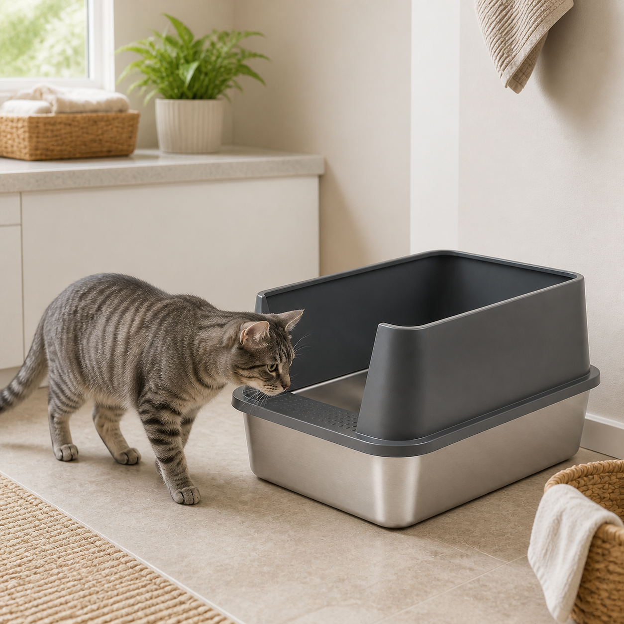 XXL 304 Stainless-Steel Cat Litter Box with High Sides, Low Entry & Non-Slip Accessories — cat-friendly home interior