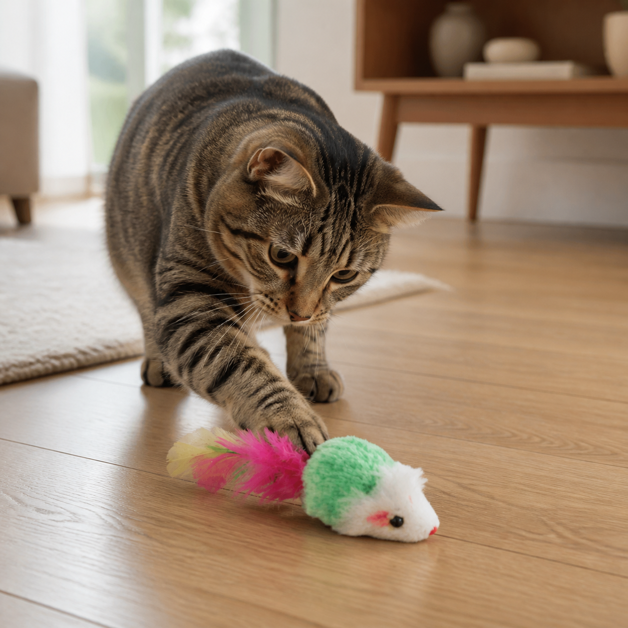 Colorful Feather-Tail Plush Mouse Cat Toys for Indoor Chase & Pounce Play — cat-friendly home interior
