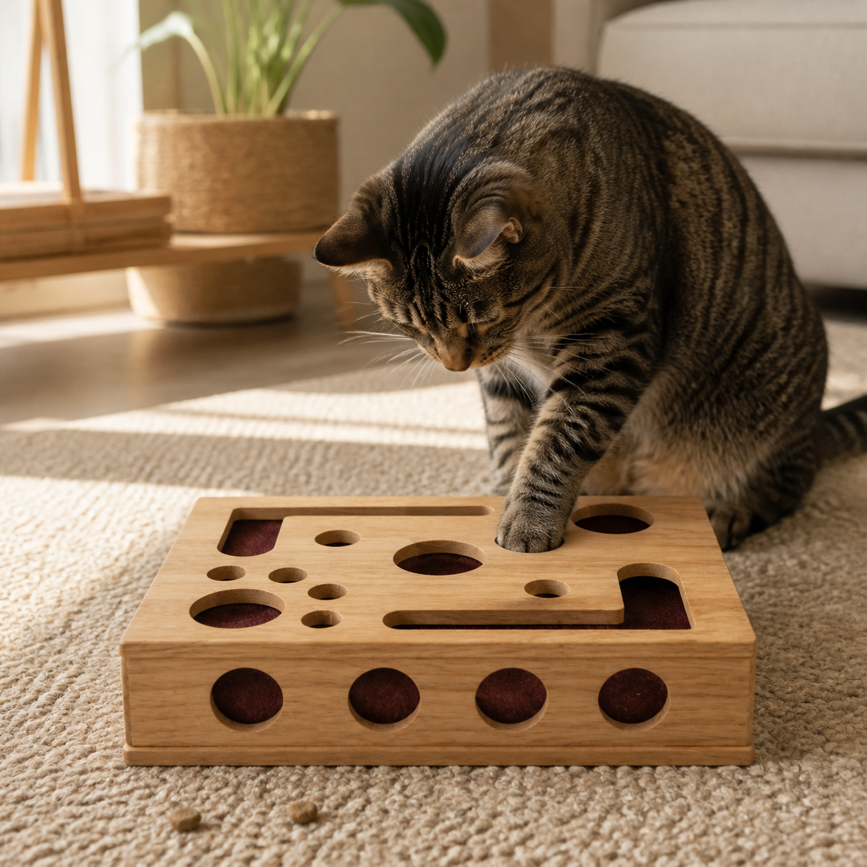 Solid Oak Cat Nail-File Enrichment Puzzle Box with Replaceable Scratch-Paper Inserts — cat-friendly home interior
