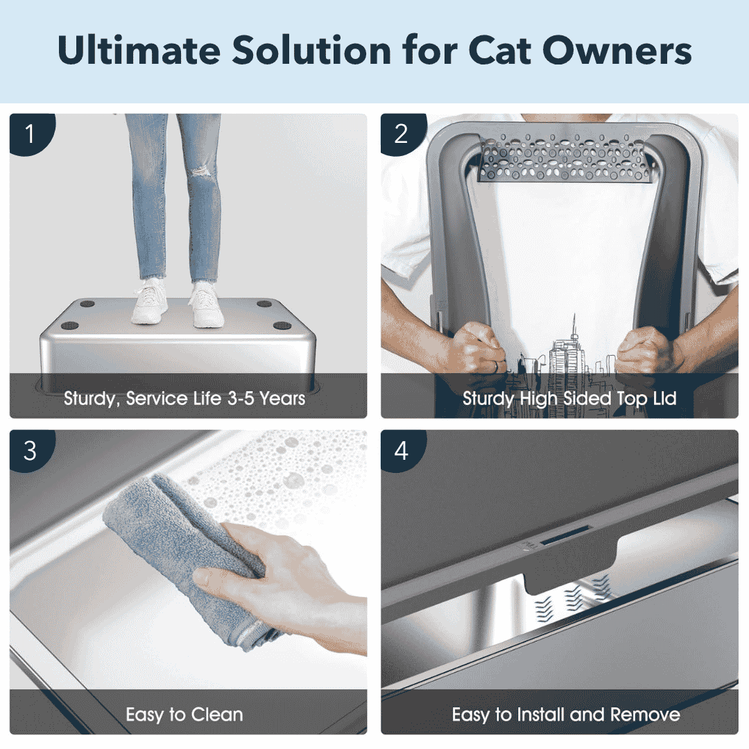 XXL 304 Stainless-Steel Cat Litter Box with High Sides, Low Entry & Non-Slip Accessories