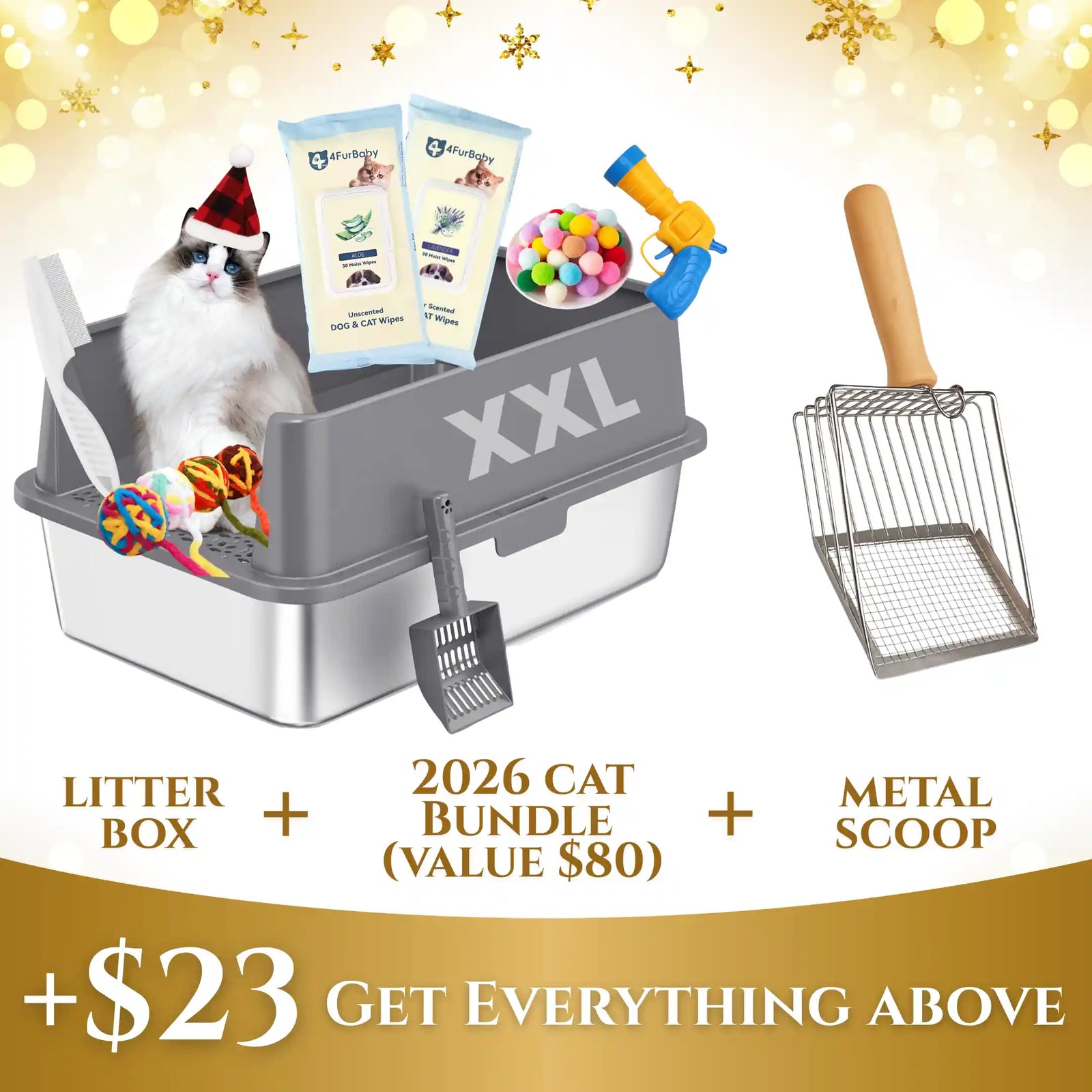 XXL 304 Stainless-Steel Cat Litter Box with High Sides, Low Entry & Non-Slip Accessories