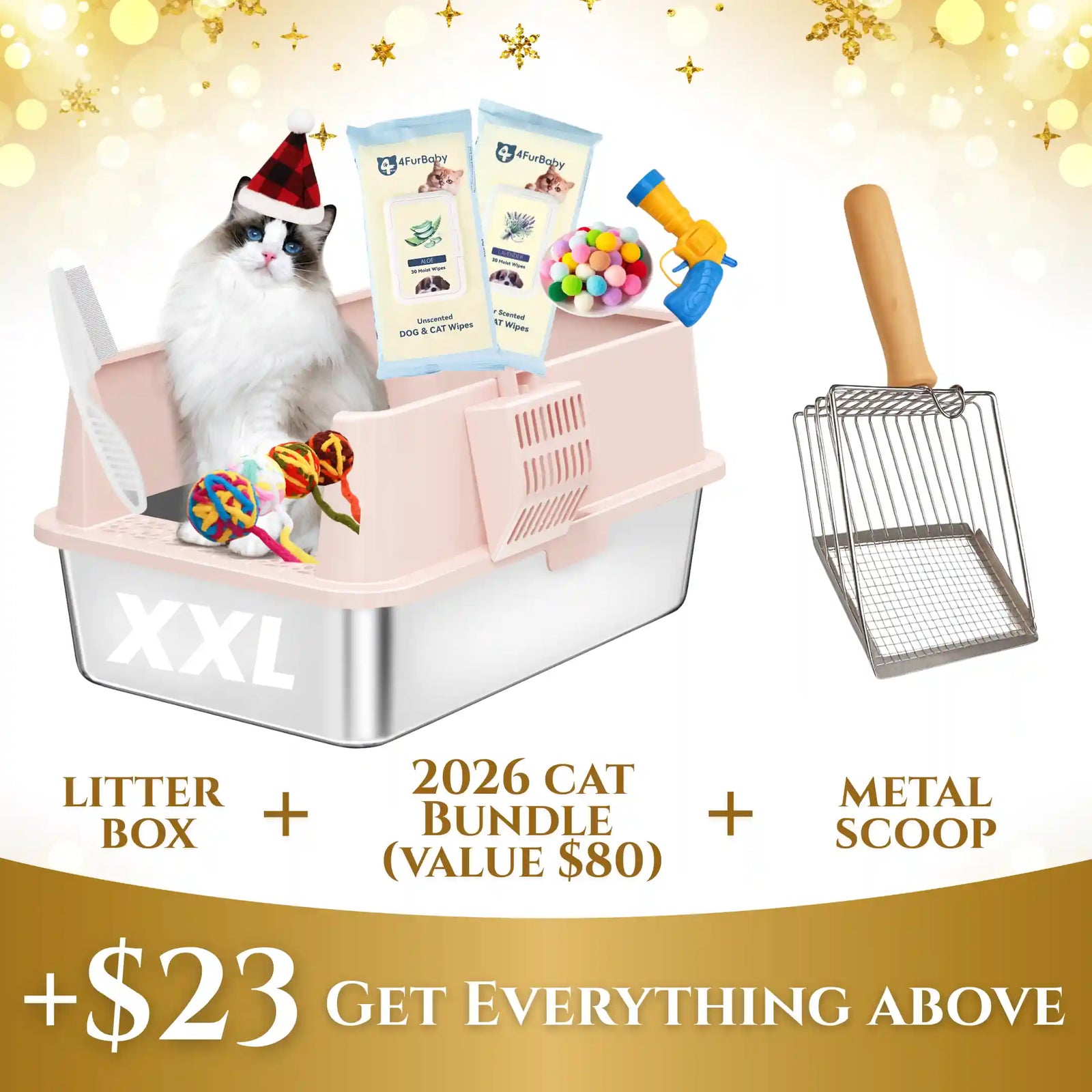 XXL 304 Stainless-Steel Cat Litter Box with High Sides, Low Entry & Non-Slip Accessories