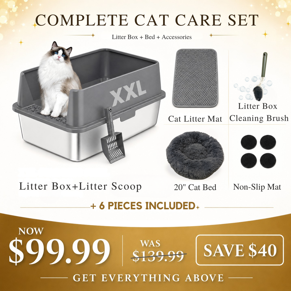 XXL 304 Stainless-Steel Cat Litter Box with High Sides, Low Entry & Non-Slip Accessories