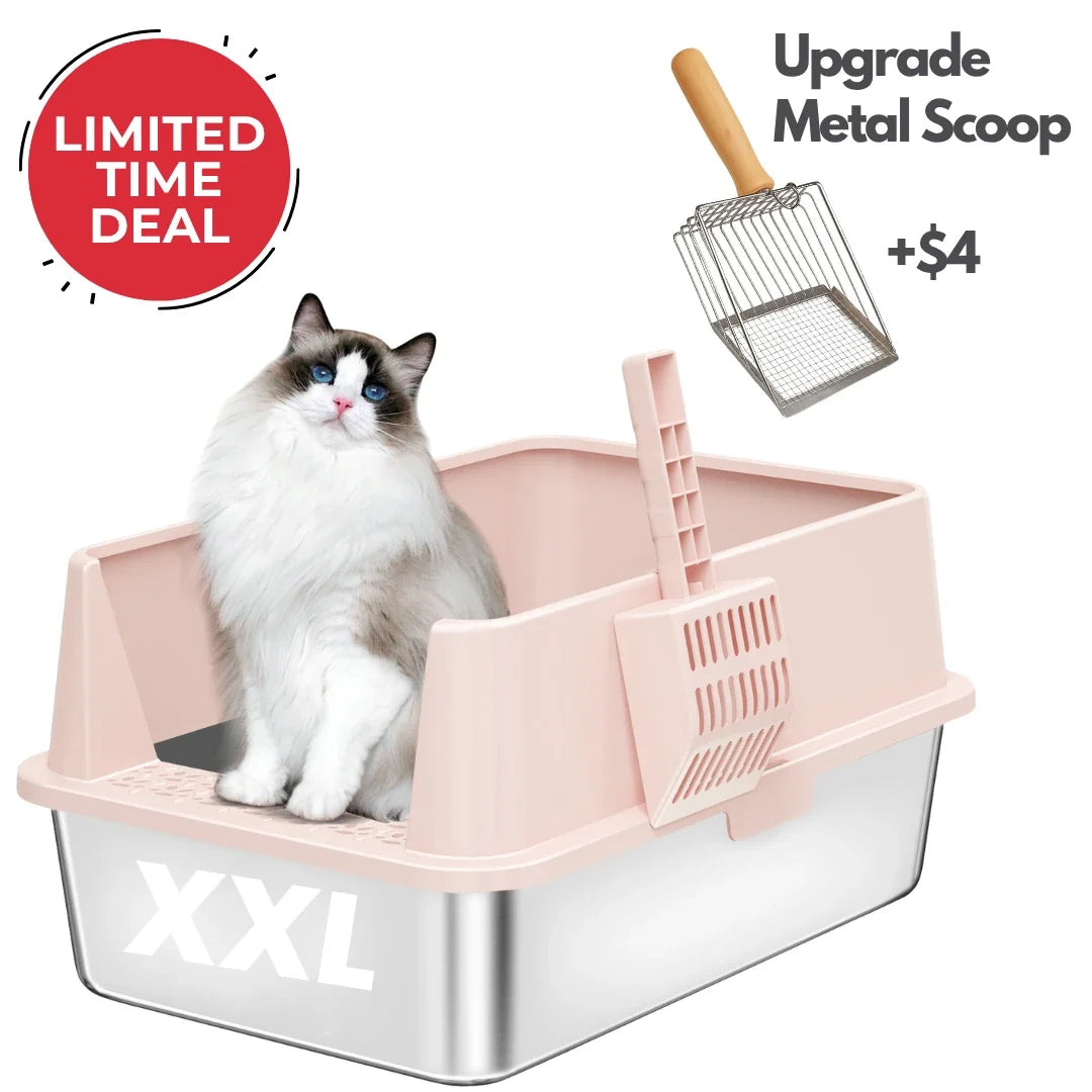 XXL 304 Stainless-Steel Cat Litter Box with High Sides, Low Entry & Non-Slip Accessories