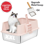 XXL 304 Stainless-Steel Cat Litter Box with High Sides, Low Entry & Non-Slip Accessories