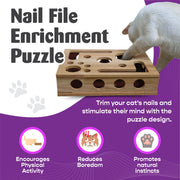 Solid Oak Cat Nail-File Enrichment Puzzle Box with Replaceable Scratch-Paper Inserts