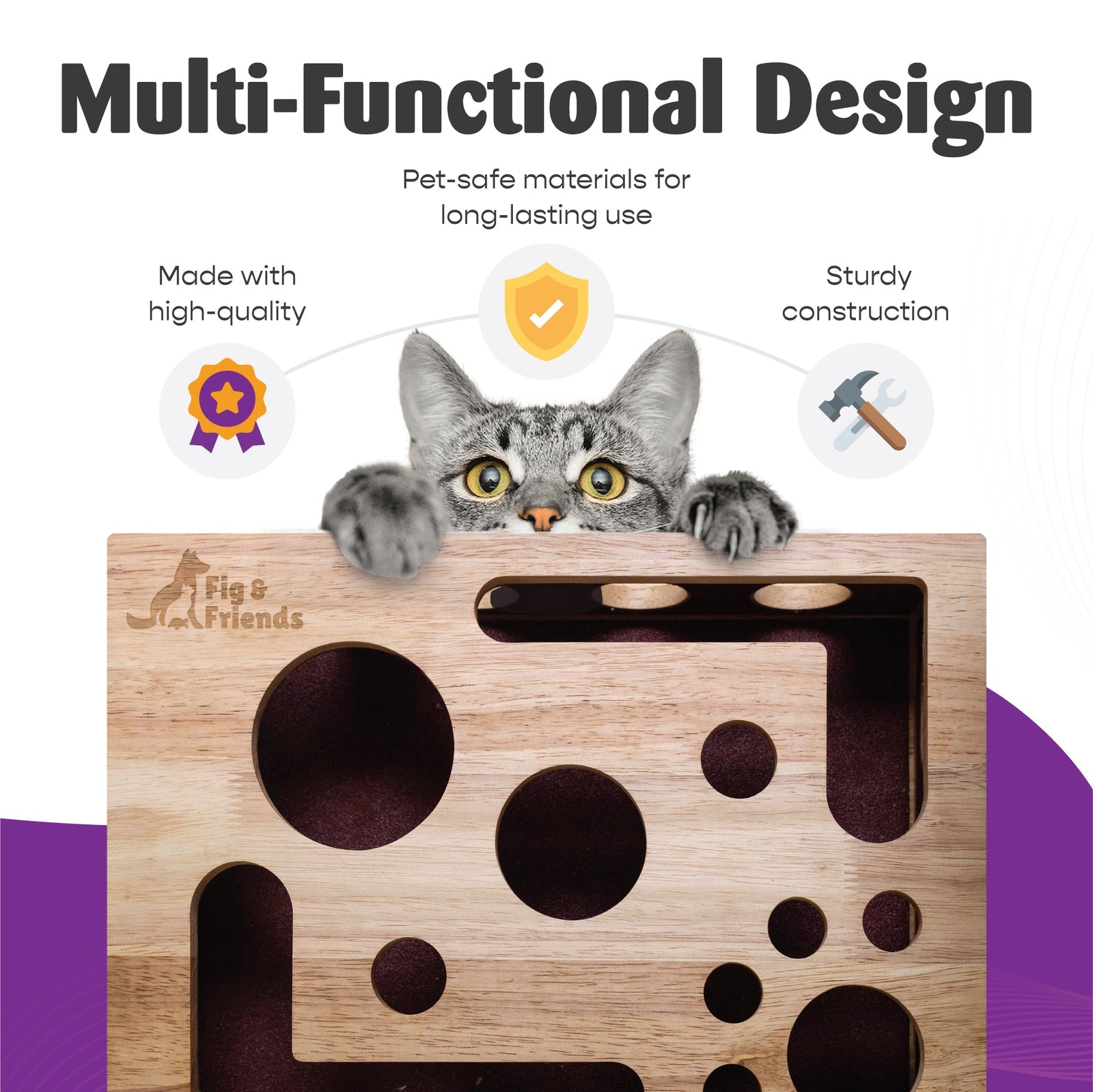 Solid Oak Cat Nail-File Enrichment Puzzle Box with Replaceable Scratch-Paper Inserts