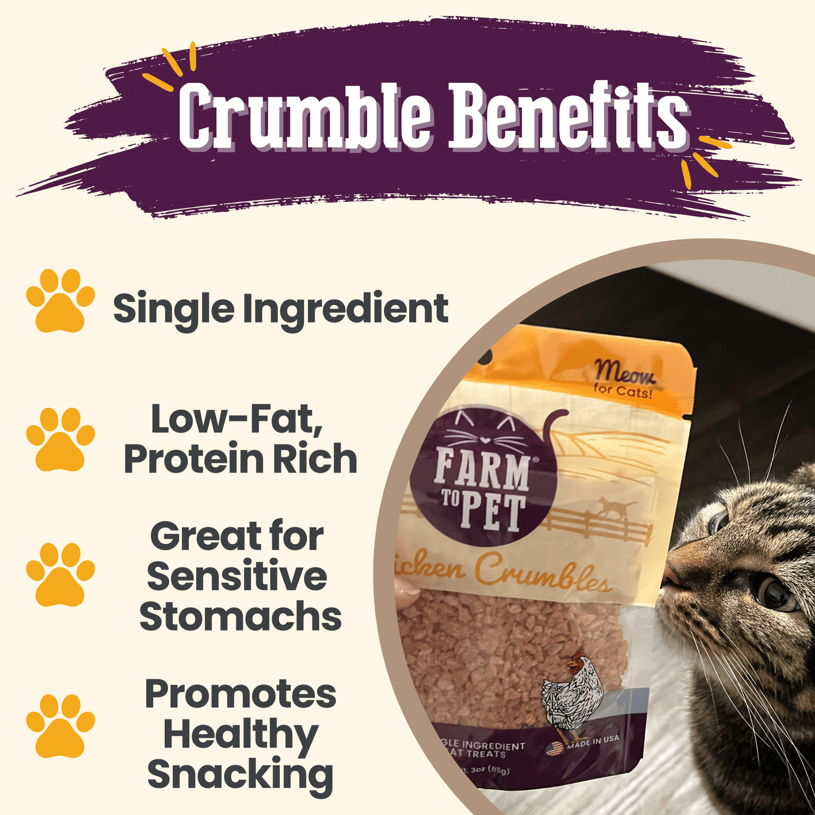 Single-Ingredient Dehydrated Chicken Crumbles Cat Treats — 3 oz Resealable Bag