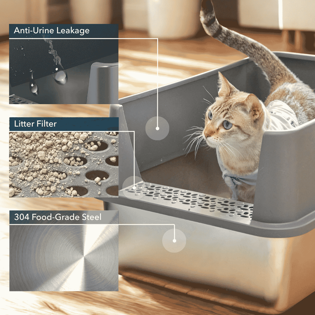 XXL 304 Stainless-Steel Cat Litter Box with High Sides, Low Entry & Non-Slip Accessories