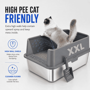 XXL 304 Stainless-Steel Cat Litter Box with High Sides, Low Entry & Non-Slip Accessories