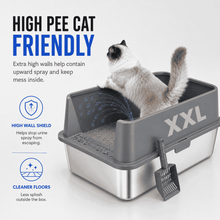 XXL 304 Stainless-Steel Cat Litter Box with High Sides, Low Entry & Non-Slip Accessories