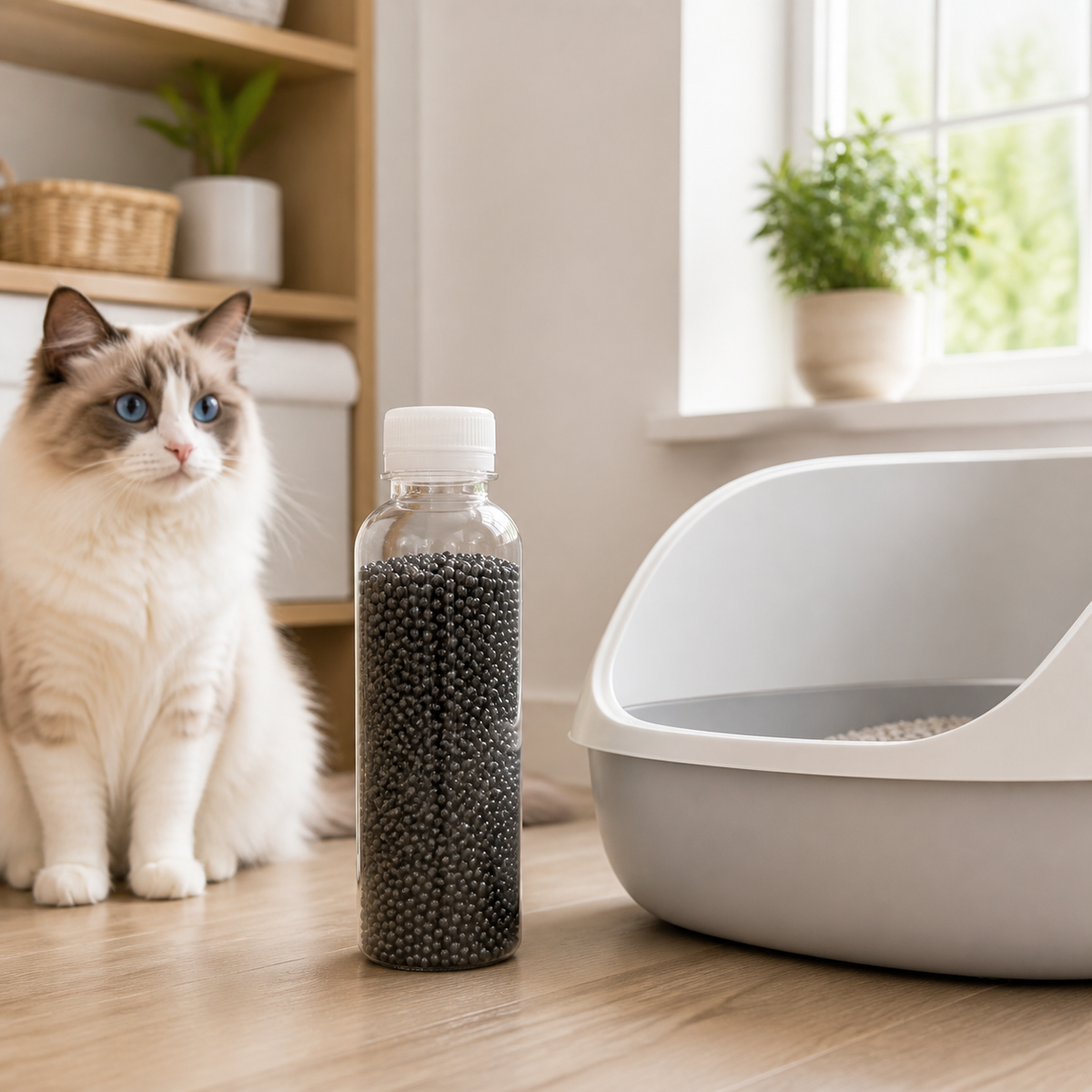 Activated-Carbon Cat Litter Deodorizer Beads in a cat-friendly home interior