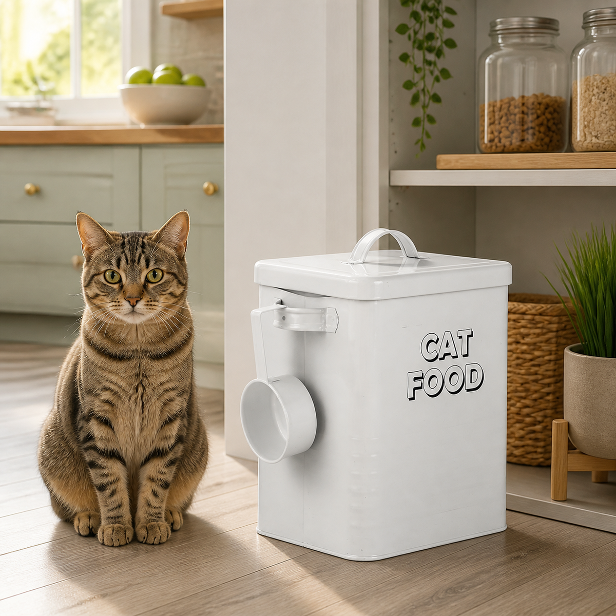 Airtight Metal Cat Food Storage Container in a cat-friendly home interior