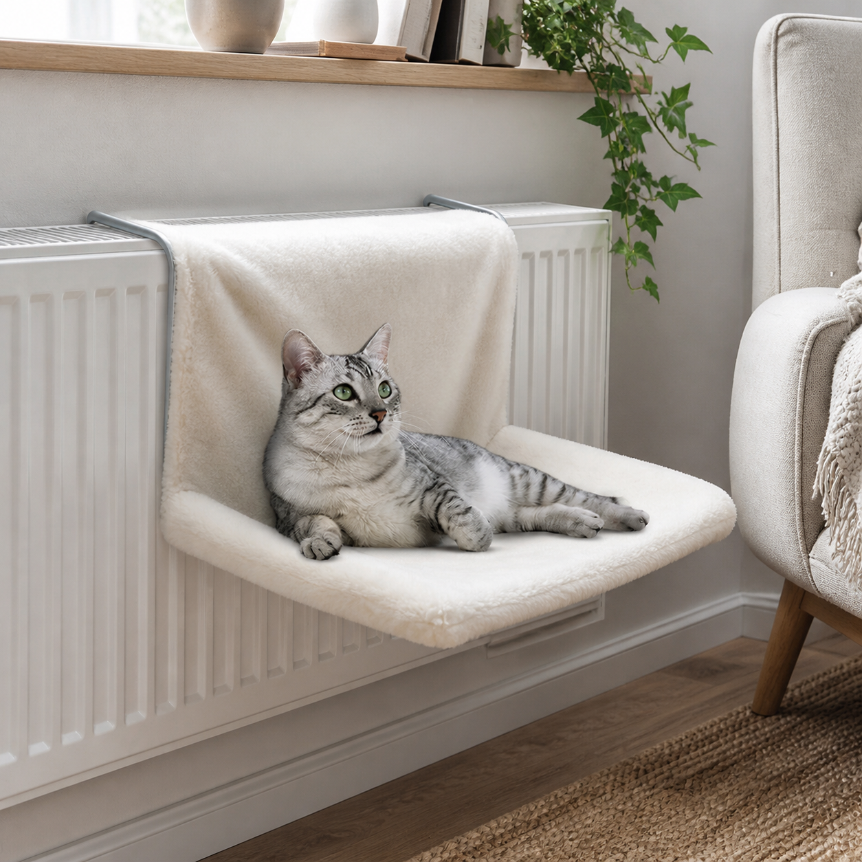 Beige Radiator-Mounted Cat Hammock — cat-friendly home interior