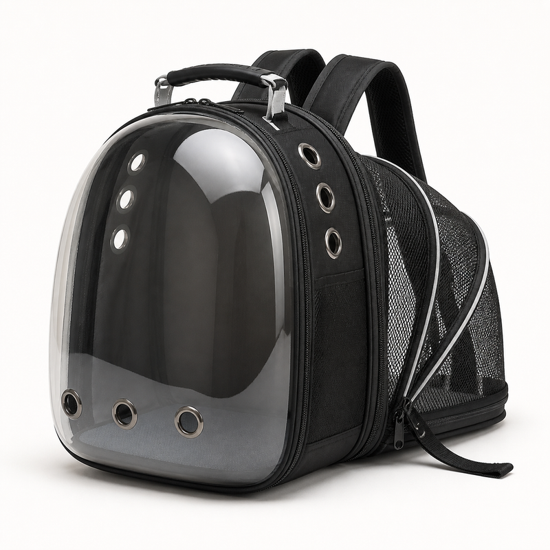 Black Expandable Ventilated Cat Carrier Backpack — clean background product view