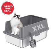 XXL 304 Stainless-Steel Cat Litter Box with High Sides, Low Entry & Non-Slip Accessories