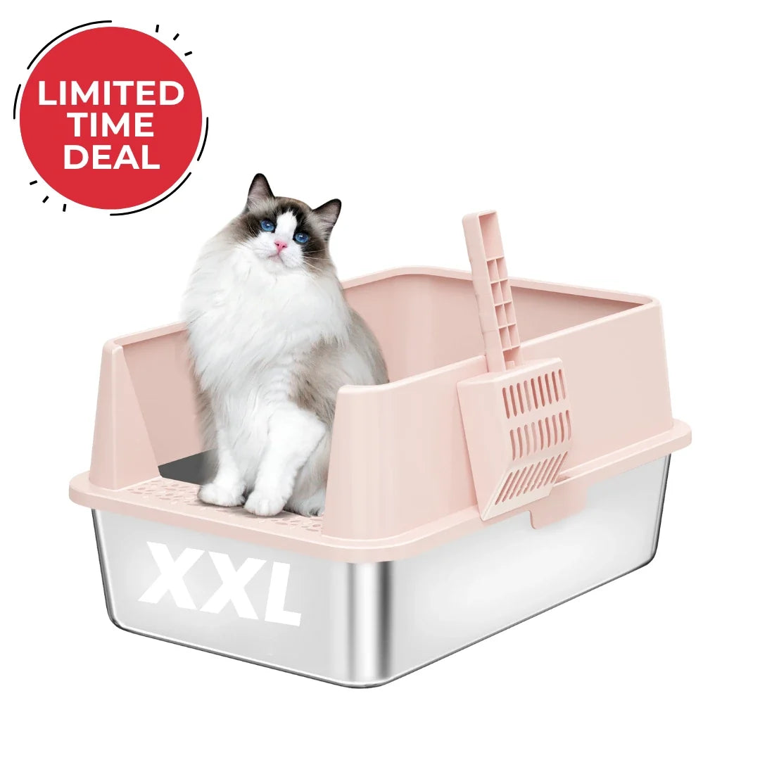 XXL 304 Stainless-Steel Cat Litter Box with High Sides, Low Entry & Non-Slip Accessories
