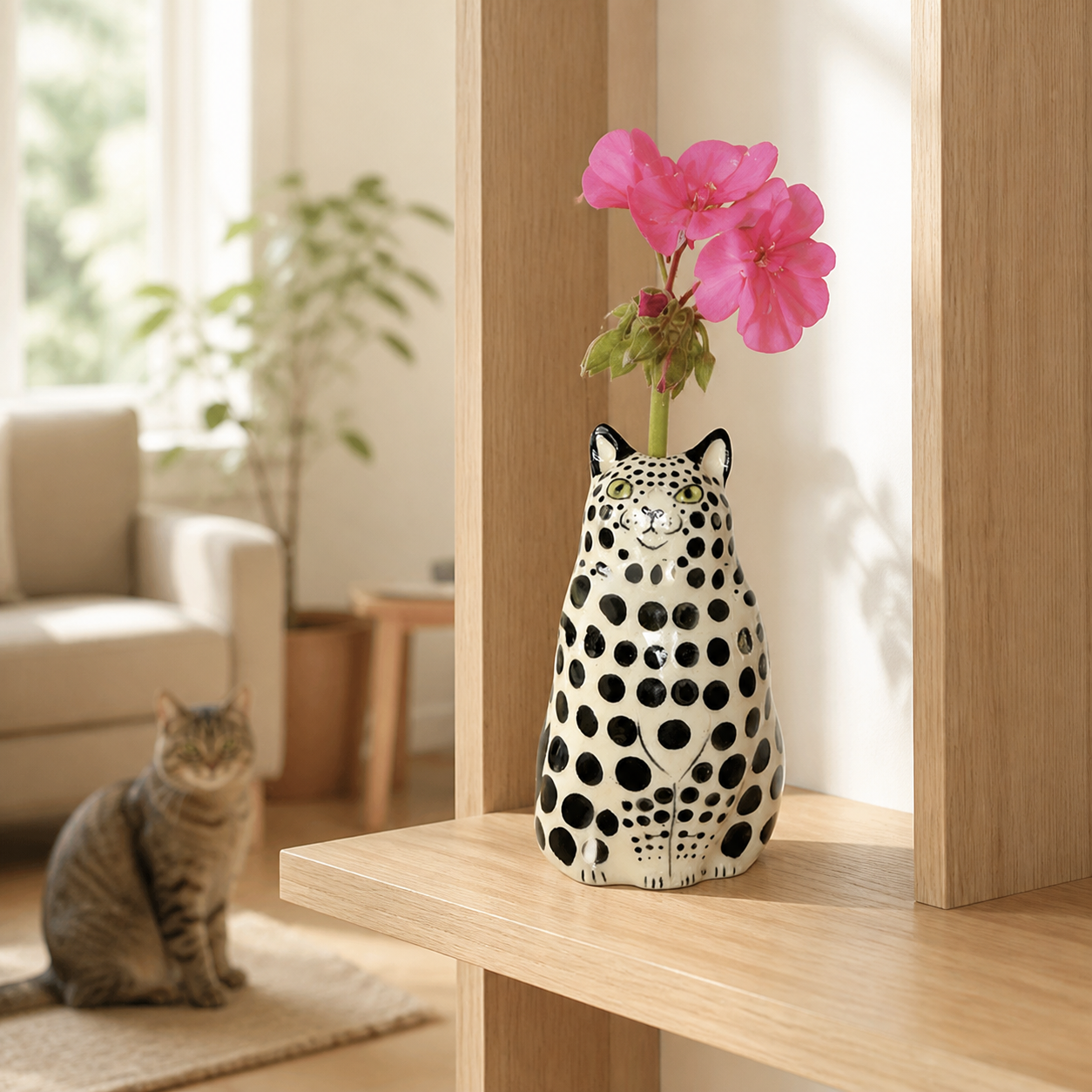 Black Polka-Dot Cat-Shaped Resin Accent Vase — cat-friendly home interior