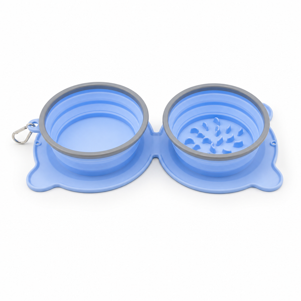Double Collapsible Silicone Cat Travel Bowls with Slow-Feed Insert — clean background product view