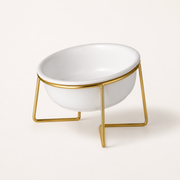 Elevated Tilted Ceramic Cat Bowl with Gold Stand — clean background product view
