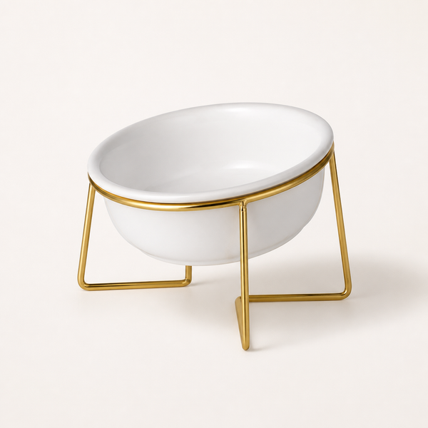 Elevated Tilted Ceramic Cat Bowl with Gold Stand — clean background product view