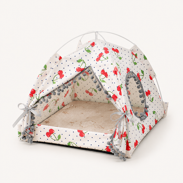 Large Cherry-Print Foldable Cat Tent Bed — clean background product view