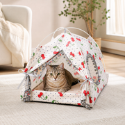 Large Cherry-Print Foldable Cat Tent Bed — cat-friendly home interior