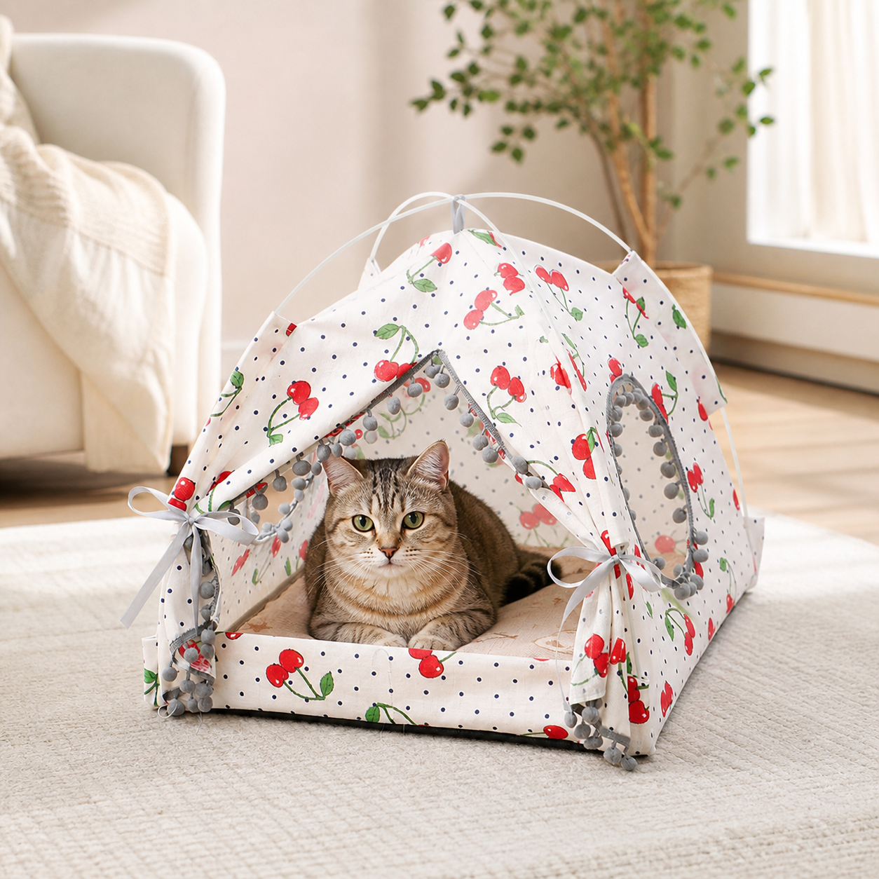 Large Cherry-Print Foldable Cat Tent Bed — cat-friendly home interior