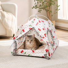 Large Cherry-Print Foldable Cat Tent Bed — cat-friendly home interior