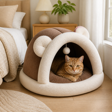 Large Coffee Plush Cat Cave Bed — cat-friendly home interior