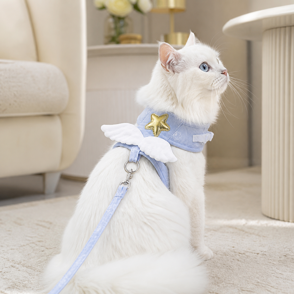 Light-Blue Angel-Wing Cat Harness & Leash Set — cat-friendly home interior
