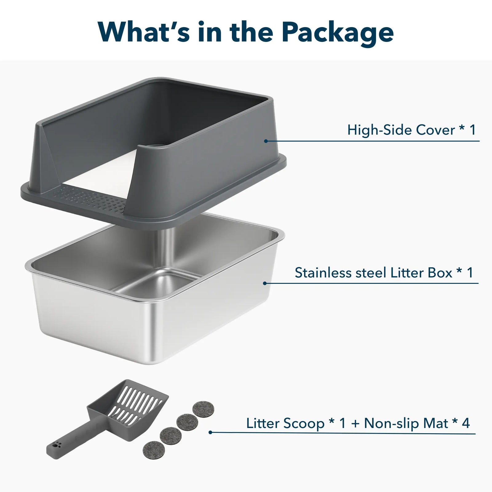 XXL 304 Stainless-Steel Cat Litter Box with High Sides, Low Entry & Non-Slip Accessories