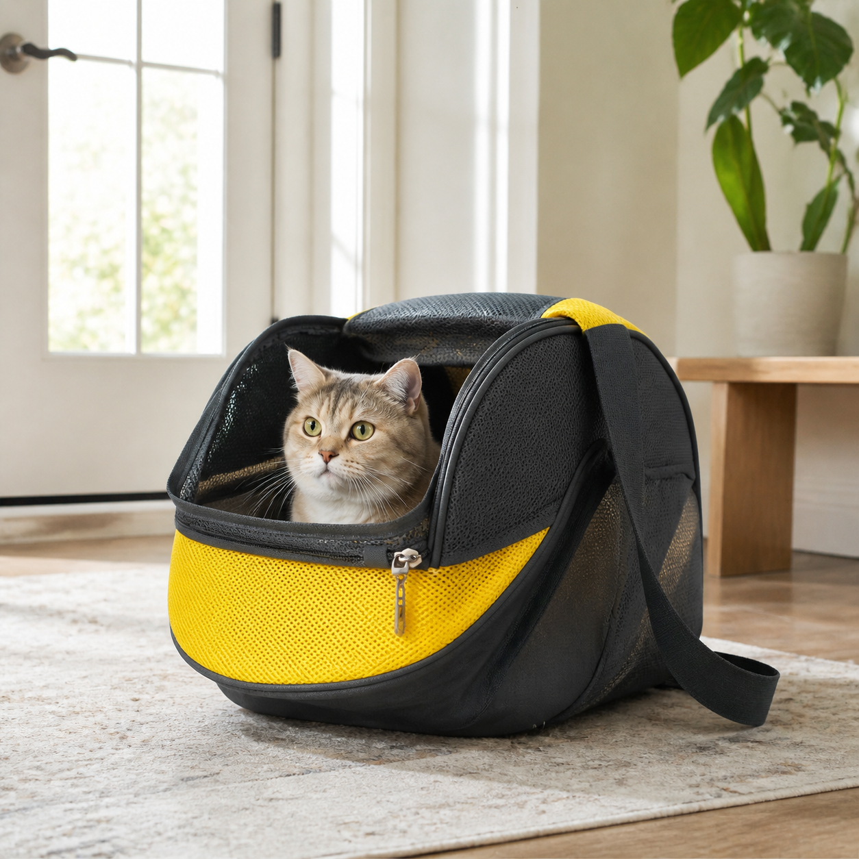 Mesh Oxford Shoulder Cat Carrier — cat-friendly home interior