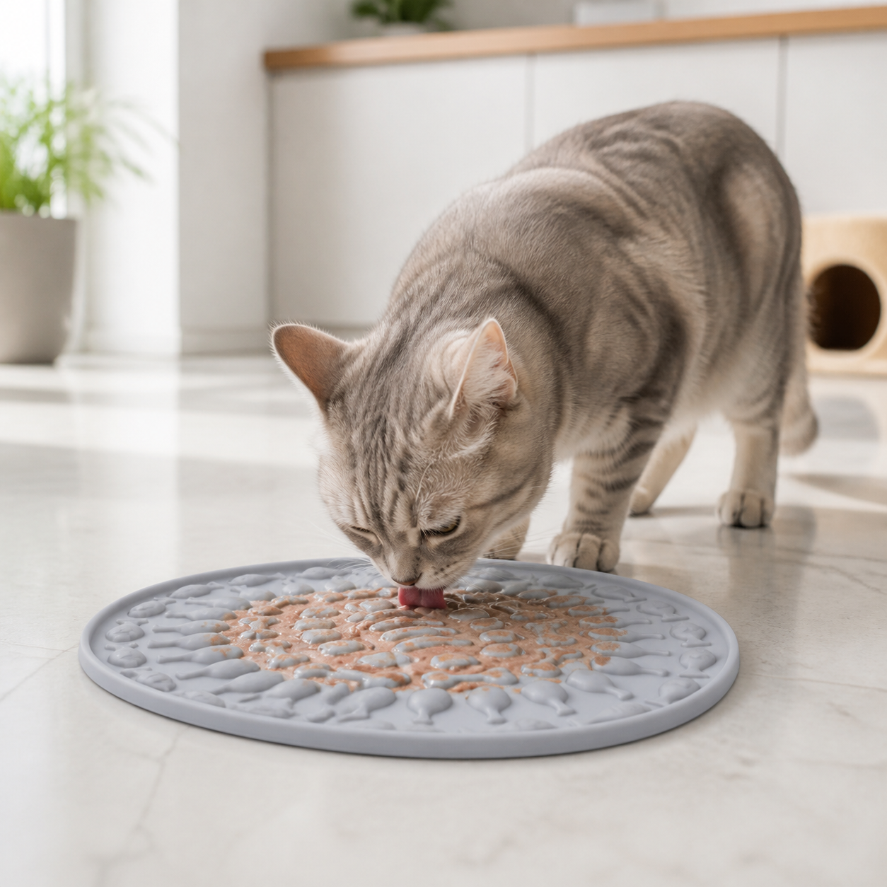 Oval Silicone Cat Lick Mat for Slow Feeding in a cat-friendly home interior