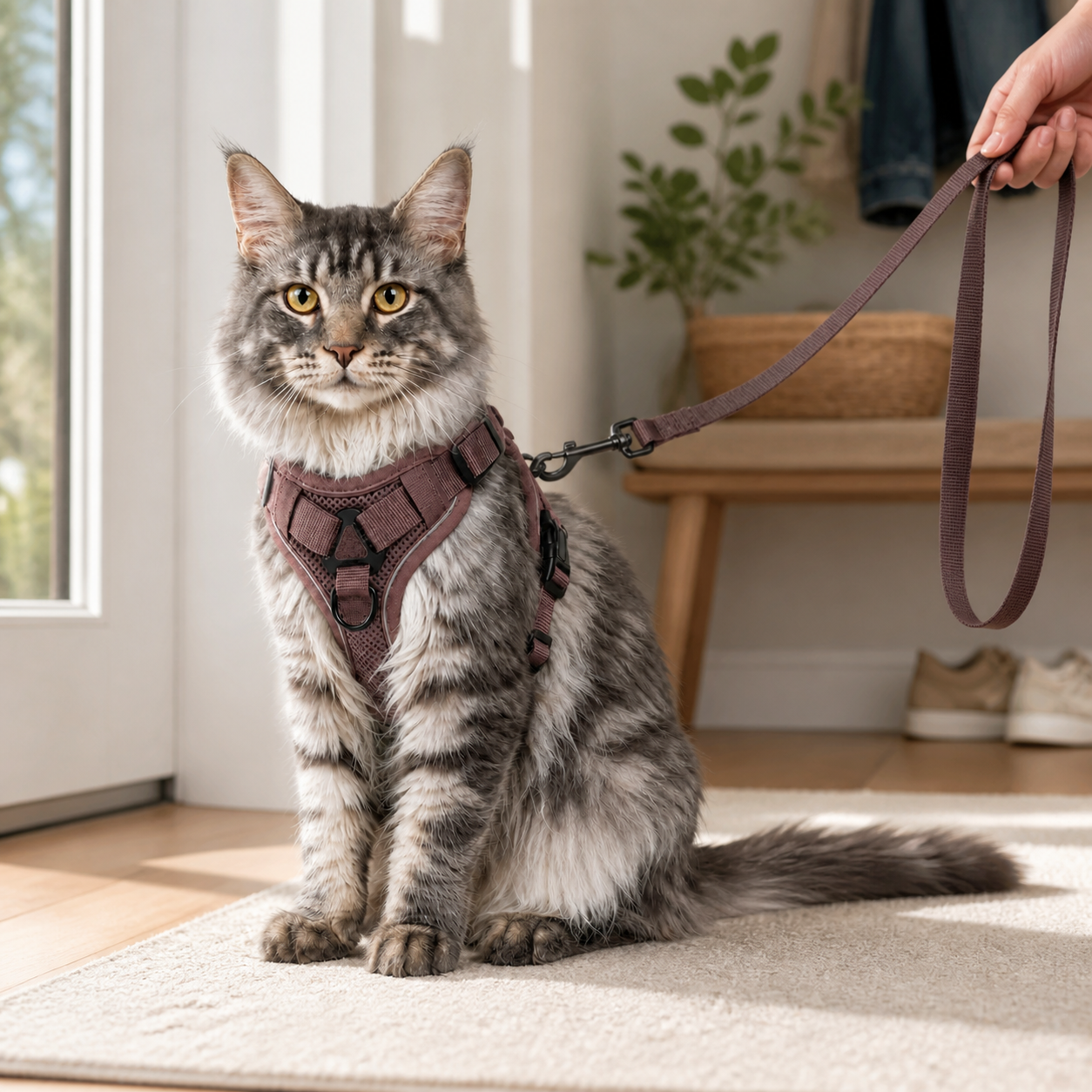 Reflective Mesh Cat Harness and Leash Set in a cat-friendly home interior