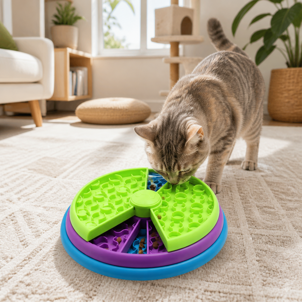 Rotating Cat Treat Puzzle Feeder Board in a cat-friendly home interior