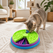 Rotating Cat Treat Puzzle Feeder Board in a cat-friendly home interior