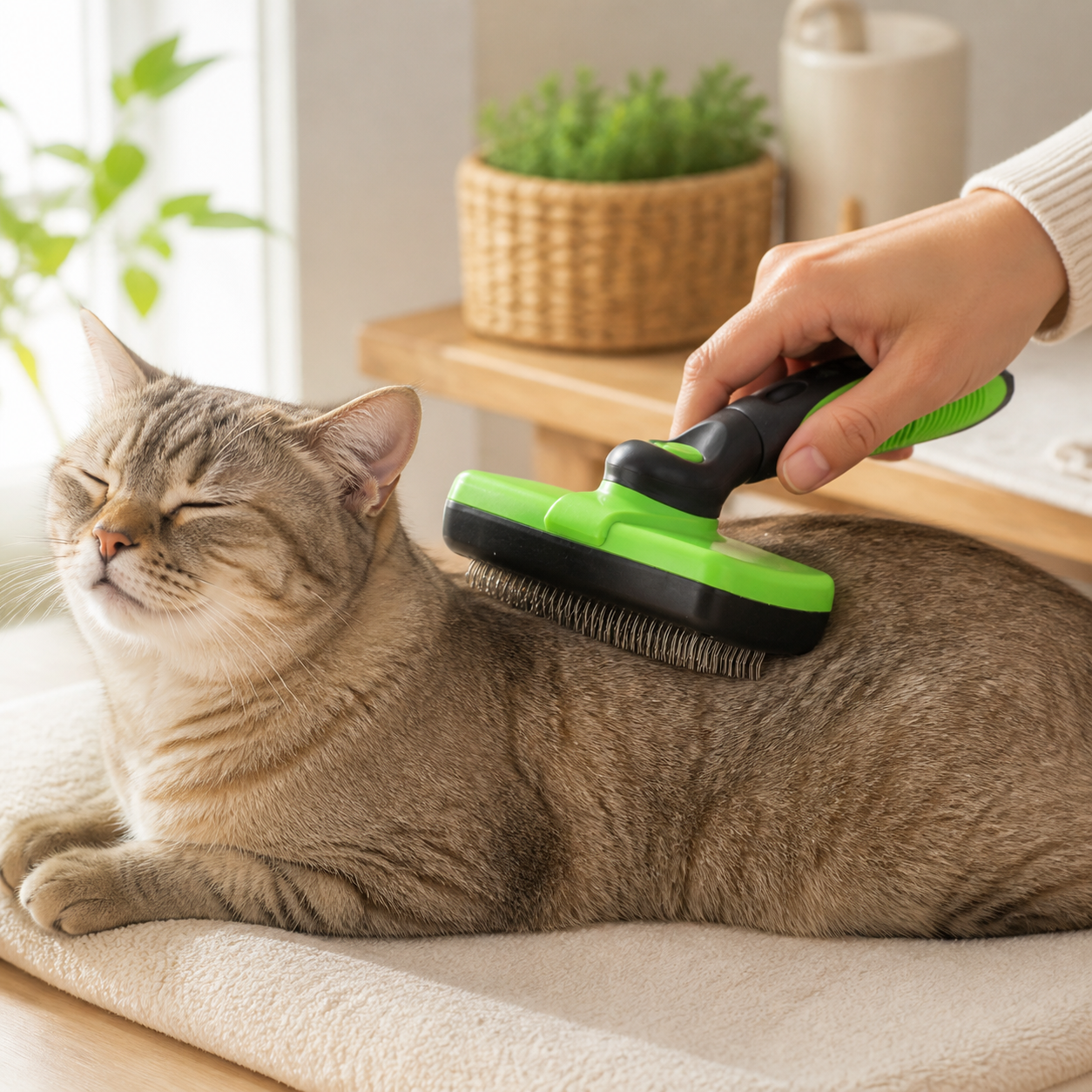Self-Cleaning Cat Slicker Brush in a cat-friendly home interior