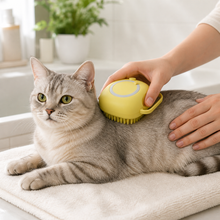 Silicone Shampoo-Dispensing Cat Bath Brush in a cat-friendly home interior