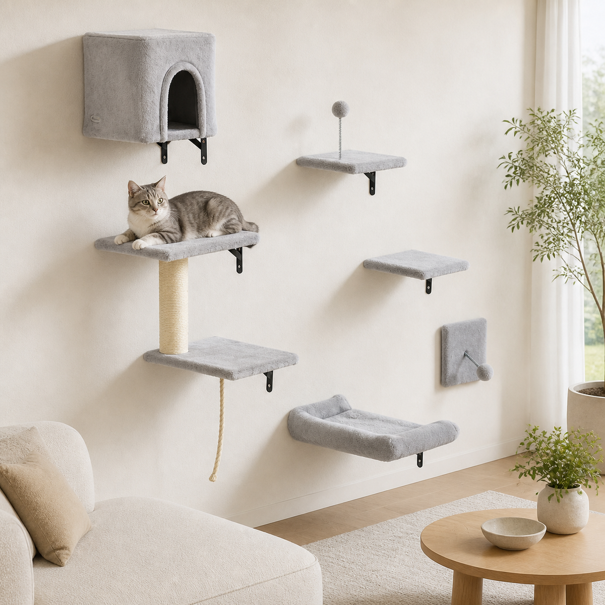 Six-Piece Wall-Mounted Cat Climbing Set in a cat-friendly home interior