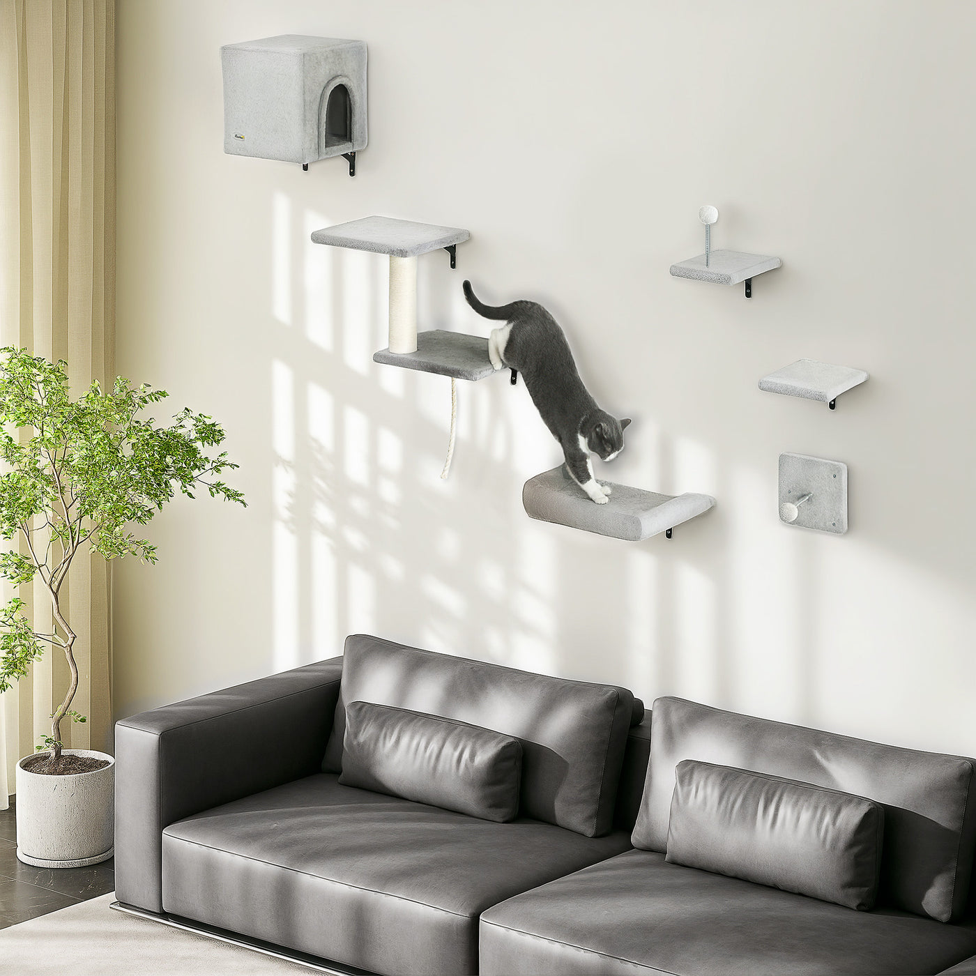 Six-Piece Wall-Mounted Cat Climbing Set — cat-friendly home interior