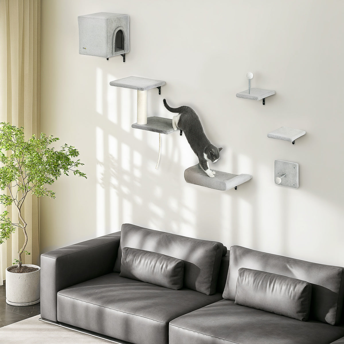 Six-Piece Wall-Mounted Cat Climbing Set — cat-friendly home interior