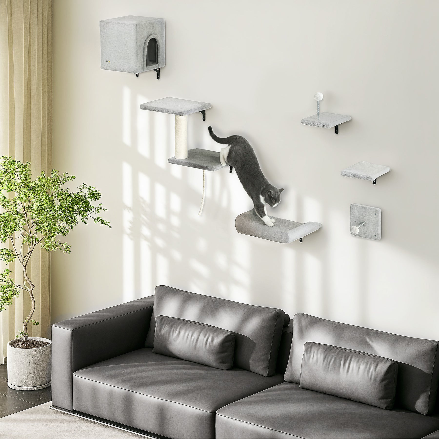 Six-Piece Wall-Mounted Cat Climbing Set — cat-friendly home interior