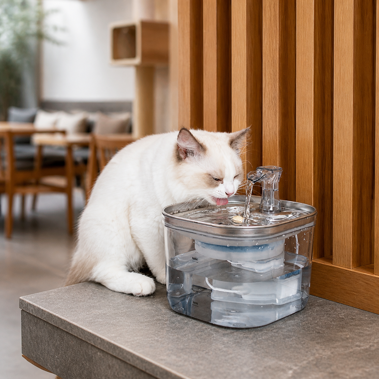 Stainless-Steel Cat Water Fountain with Continuous Flow — cat-friendly home interior