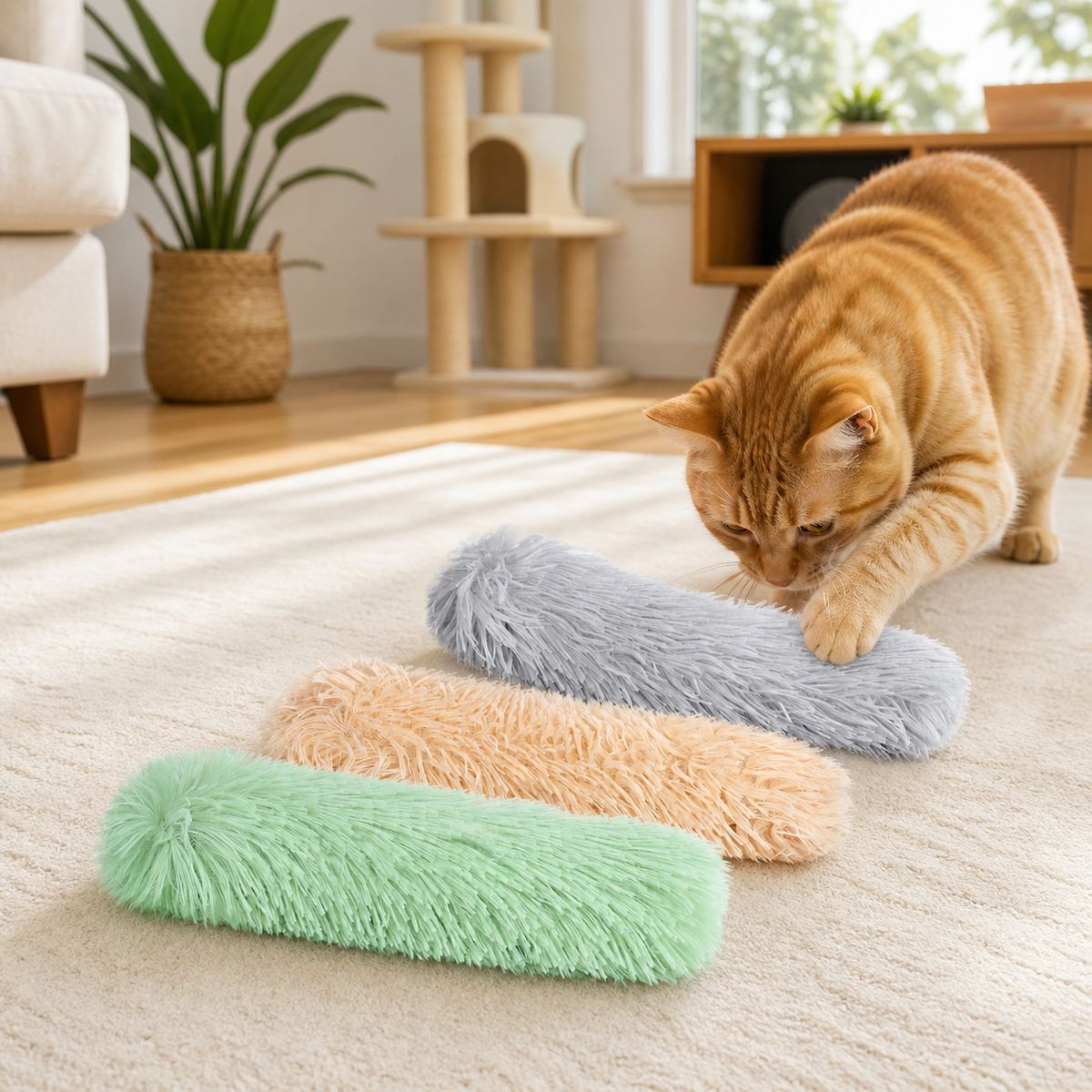 Three-Pack Catnip Crinkle Pillow Toys in a cat-friendly home interior